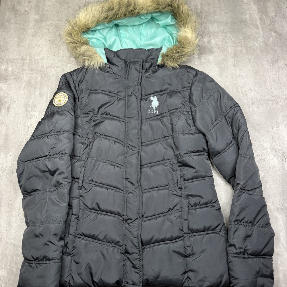 US POLO ASSN. Women's Faux Fur Hood Full Zip Puffer Jacket Gray Teal Large